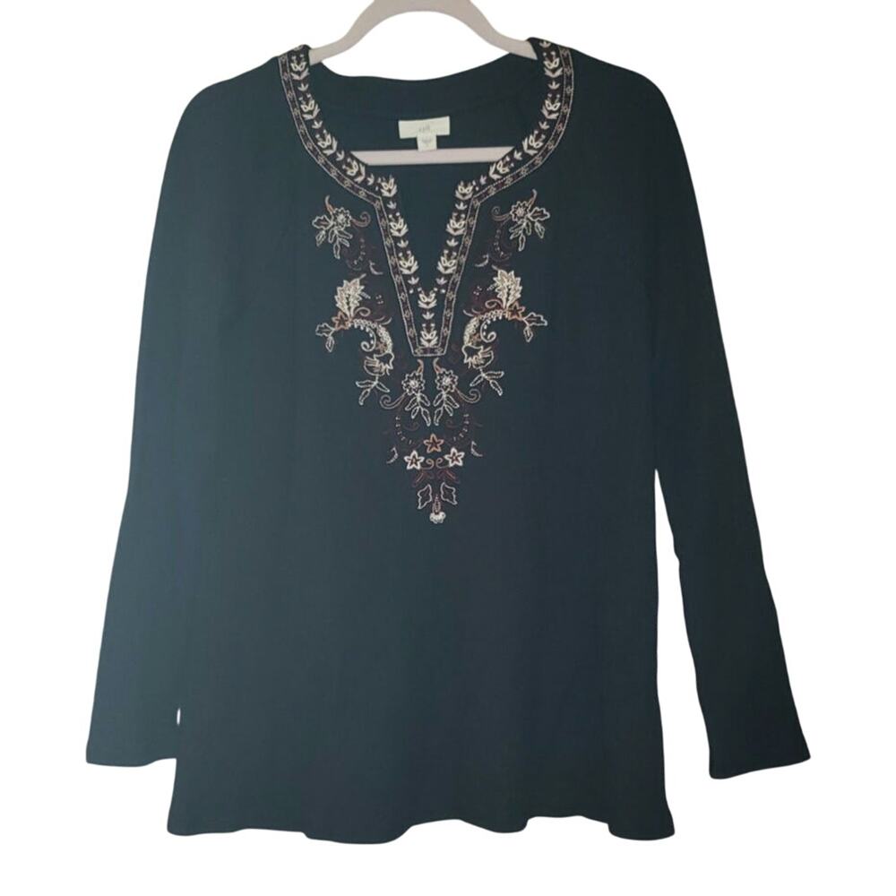 J. Jill Thermal Waffle Knit Top Small Long Sleeve Embroidered Gently Used